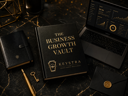 The Business Growth Vault AI business toolkit by Keystra with black hardcover book and laptop